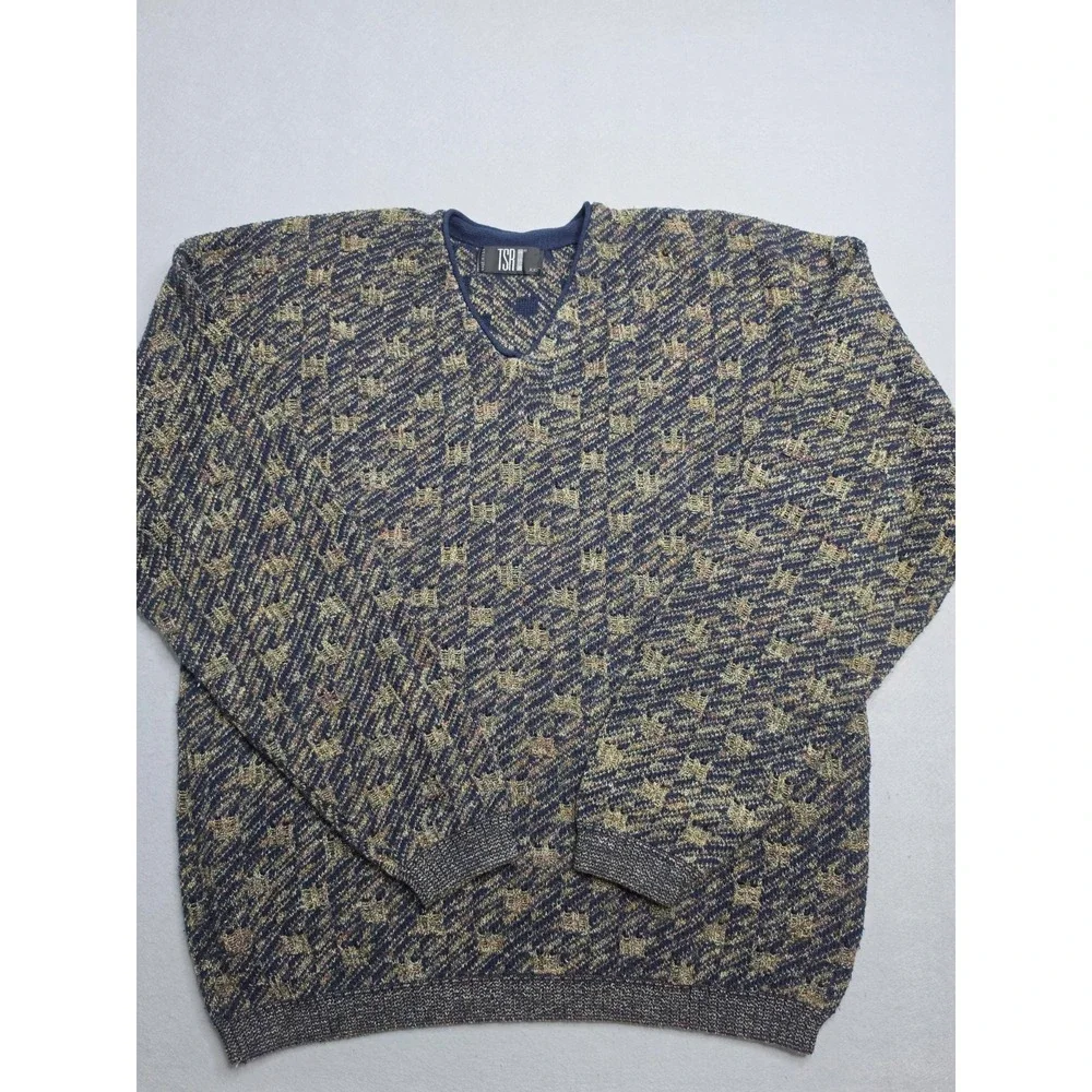Vintage TSR USA Sweater Men 2XL Multicolor Geometric Knit V-Neck Warm Wear Retro